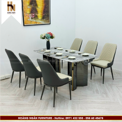 Bộ bàn ăn 6 ghế mặt đá bạch ngọc HN-06