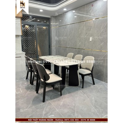 Bộ bàn ăn mặt đá chân đen 6 ghế HN05