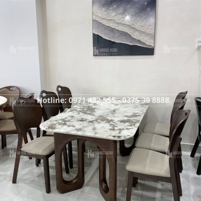 Bộ bàn ăn mặt đá cẩm thạch chân gỗ 6 ghế Sky