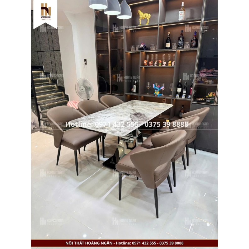 Bộ bàn ăn mặt đá ghế tay vịn 6 ghế HN-07