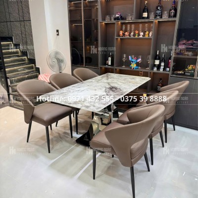 Bộ bàn ăn mặt đá ghế tay vịn 6 ghế HN-07
