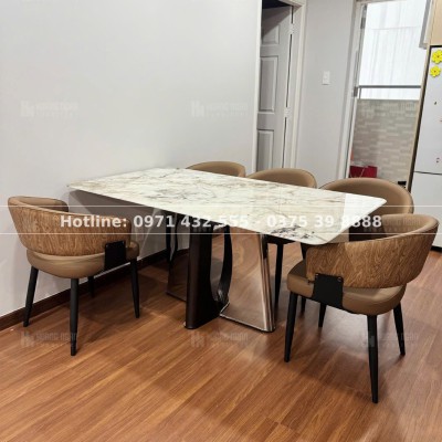 Bộ bàn ăn mặt đá ghế da bò 6 ghế HN-07