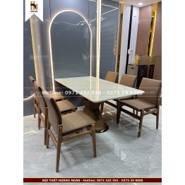 Bộ bàn ăn mặt đá ghế khung gỗ 6 ghế HN-09