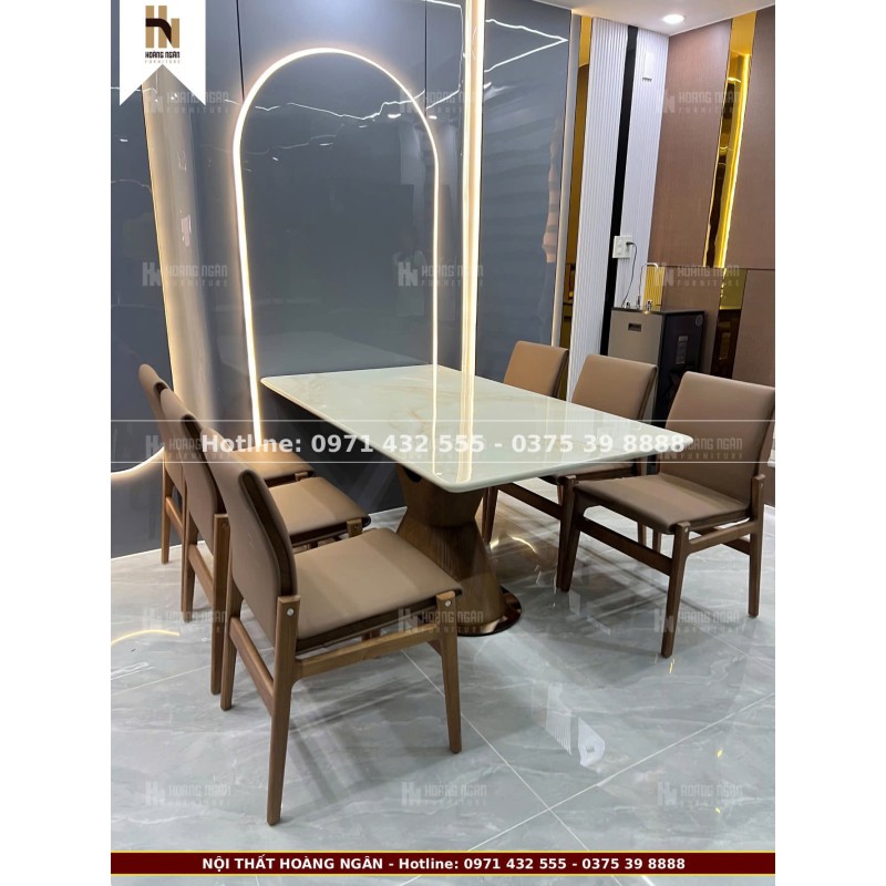 Bộ bàn ăn mặt đá ghế khung gỗ 6 ghế HN-09