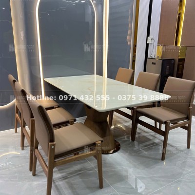 Bộ bàn ăn mặt đá ghế khung gỗ 6 ghế HN-09