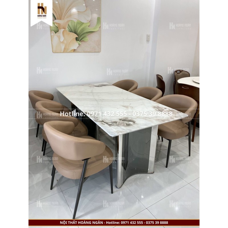 Bộ bàn ăn mặt đá ghế da màu be HN01
