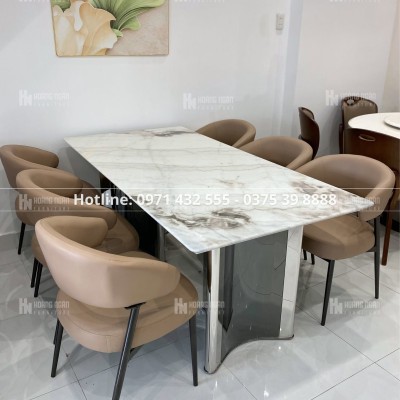 Bộ bàn ăn mặt đá ghế da màu be HN01