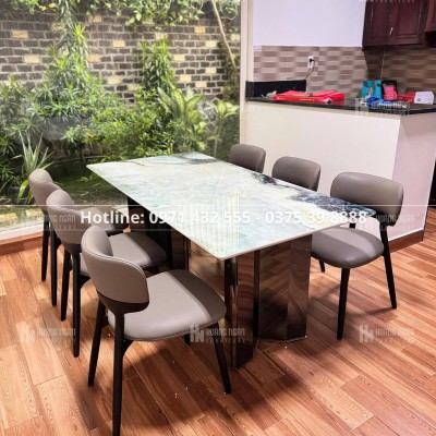 Bộ bàn ăn mặt đá chân đen bản lớn HN03