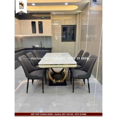 Bộ bàn ăn mặt đá chân mạ vàng HN04