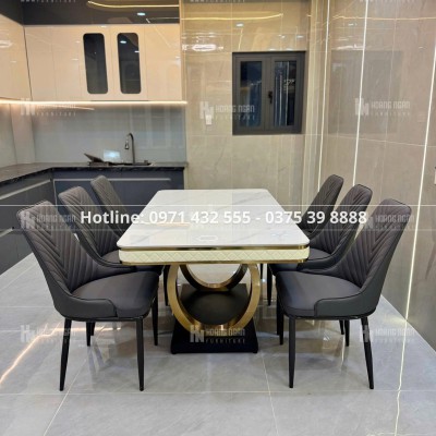 Bộ bàn ăn mặt đá chân mạ vàng HN04