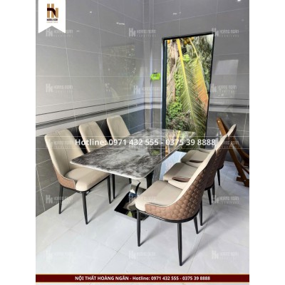 Bộ bàn ăn mặt đá ghế lưng chần ô HN05