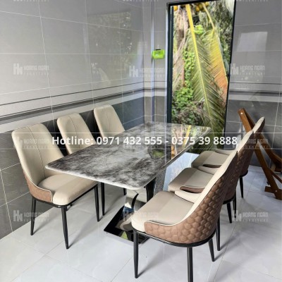 Bộ bàn ăn mặt đá ghế lưng chần ô HN05