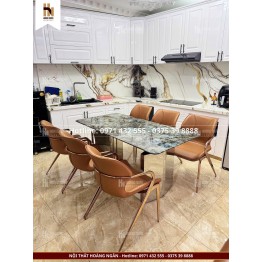 Bộ bàn ăn mặt đá vân xanh ghế da bò HN06