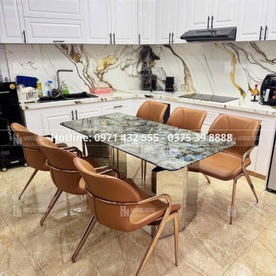 Bộ bàn ăn mặt đá vân xanh ghế da bò HN06