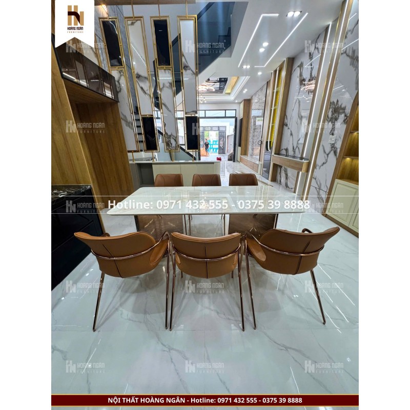 Bộ bàn ăn mặt đá ghế da bò HN06
