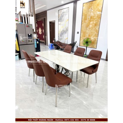 Bộ bàn ăn mặt đá ghế da đỏ nâu HN09
