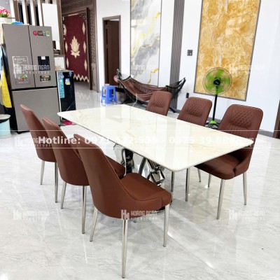 Bộ bàn ăn mặt đá ghế da đỏ nâu HN09