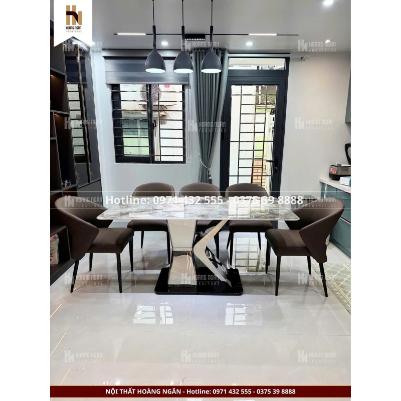 Bộ bàn ăn mặt đá chân chữ X 6 ghế HN09