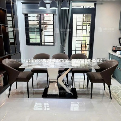 Bộ bàn ăn mặt đá chân chữ X 6 ghế HN09