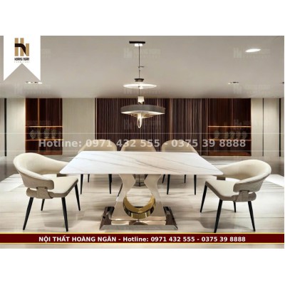 Bộ bàn ăn mặt đá chân trụ vàng đồng 6 ghế 2097