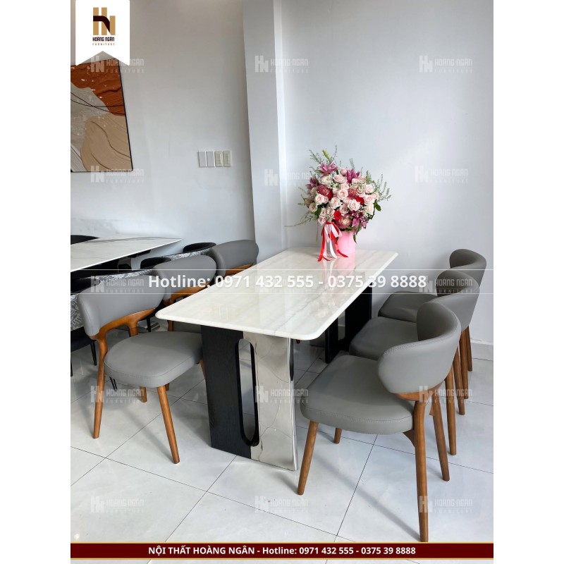 Bộ bàn ăn mặt đá vi tinh thể chân gỗ sồi HN-02