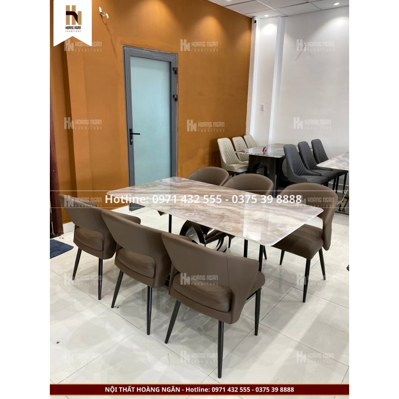 Bộ bàn ăn mặt đá trắng vân 6 ghế HN-03