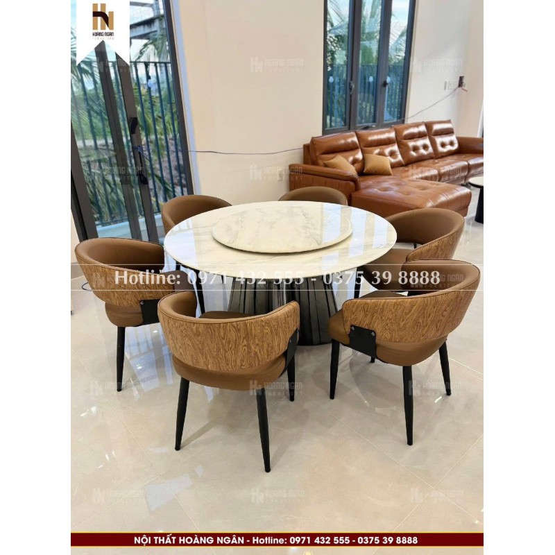Bộ bàn ăn tròn mặt đá 6 ghế HN13