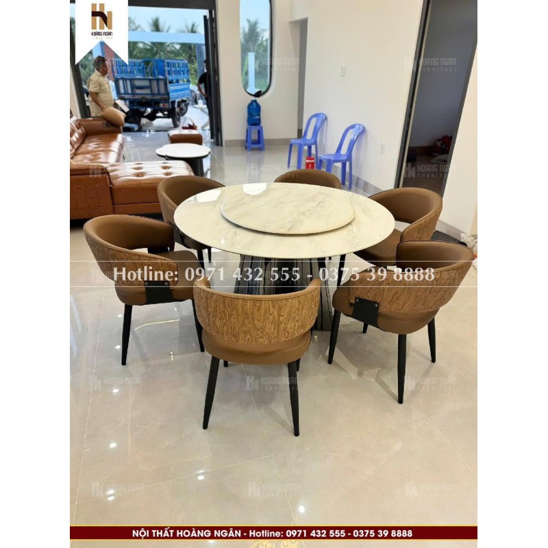 Bộ bàn ăn tròn mặt đá 6 ghế HN13