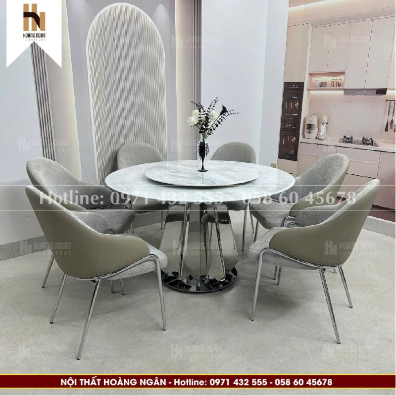 Bộ bàn ăn tròn mặt đá 6 ghế HN14