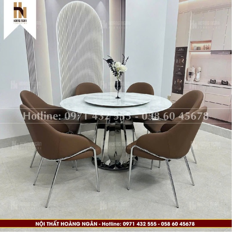 Bộ bàn ăn tròn mặt đá 6 ghế HN14
