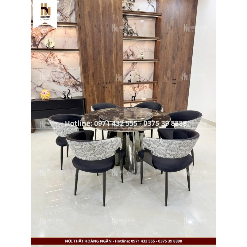 Bộ bàn ăn tròn mặt đá đen 6 ghế HN10