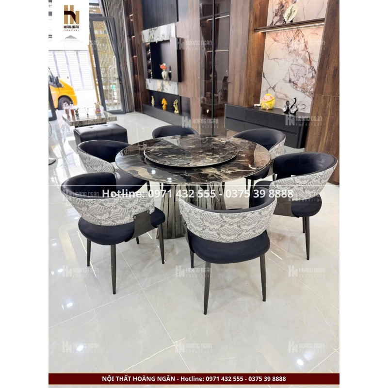 Bộ bàn ăn tròn mặt đá đen 6 ghế HN10