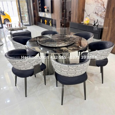 Bộ bàn ăn tròn mặt đá đen 6 ghế HN10