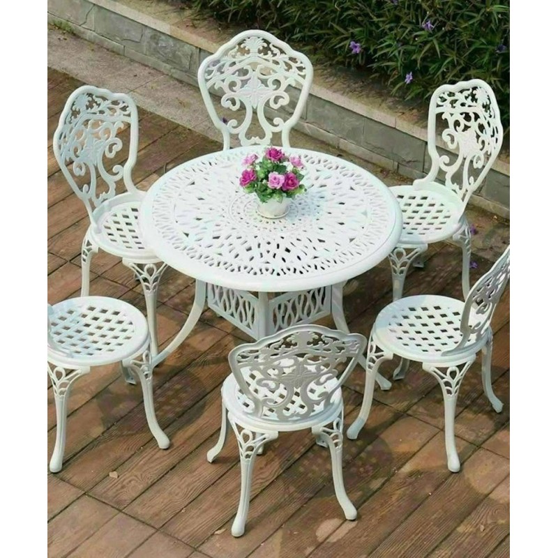 Bộ bàn ghế tròn nhôm đúc sân vườn màu trắng HN15