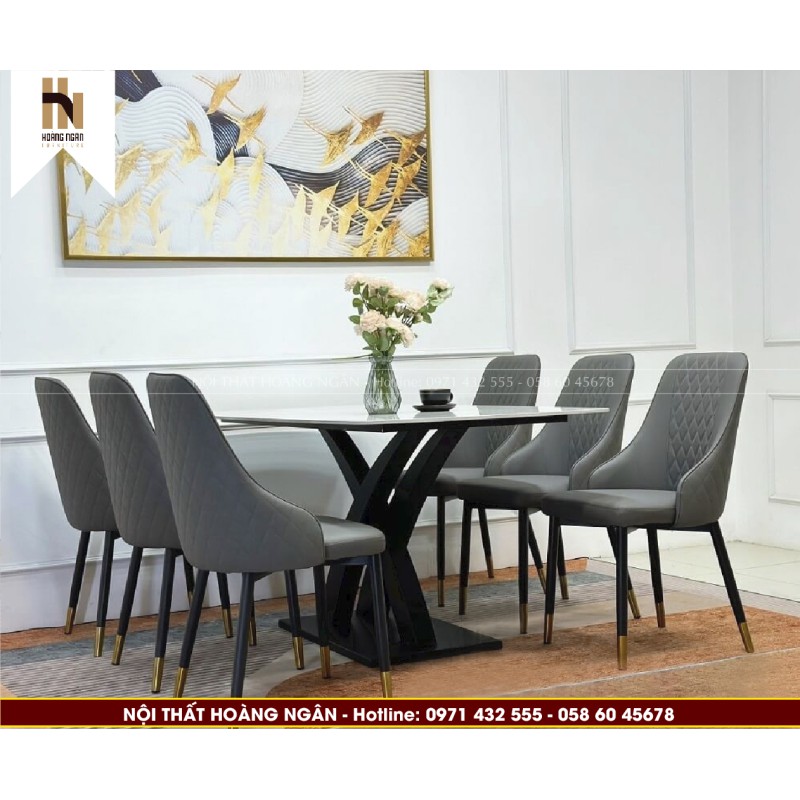 Bộ bàn ăn 6 ghế mặt đá ceramic HN07