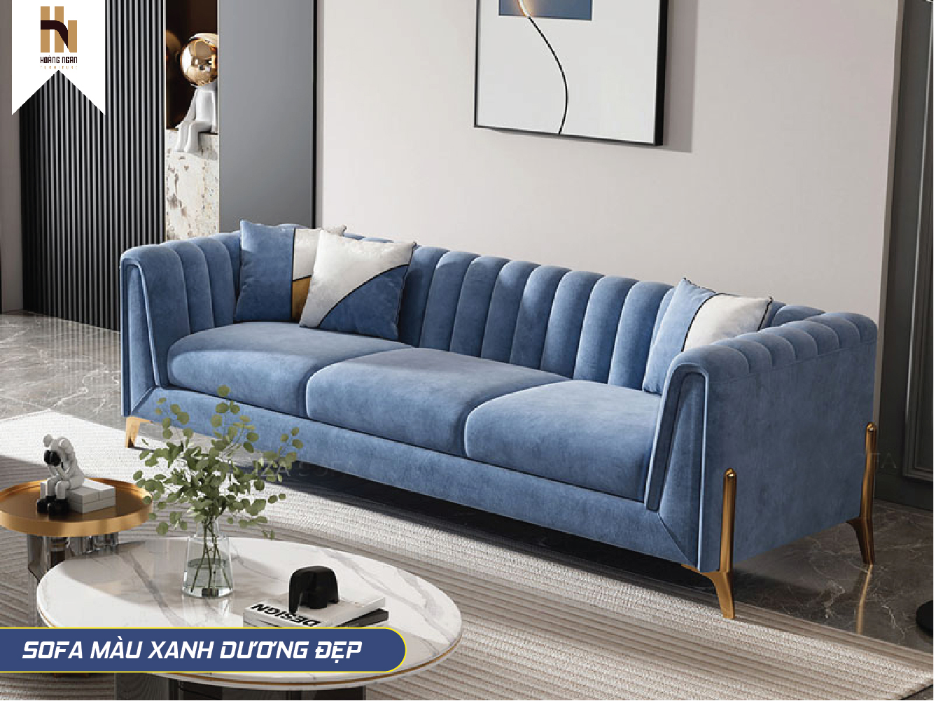 Sofa phủ vải nhung chân inox mạ vàng đồng