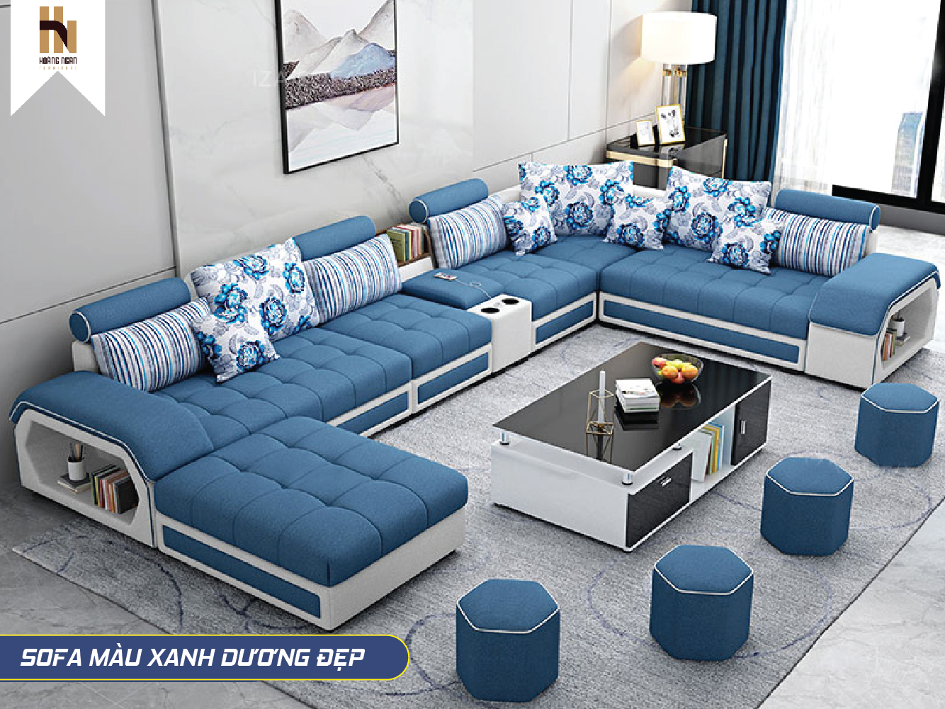 Sofa phòng khách rộng màu xanh dương