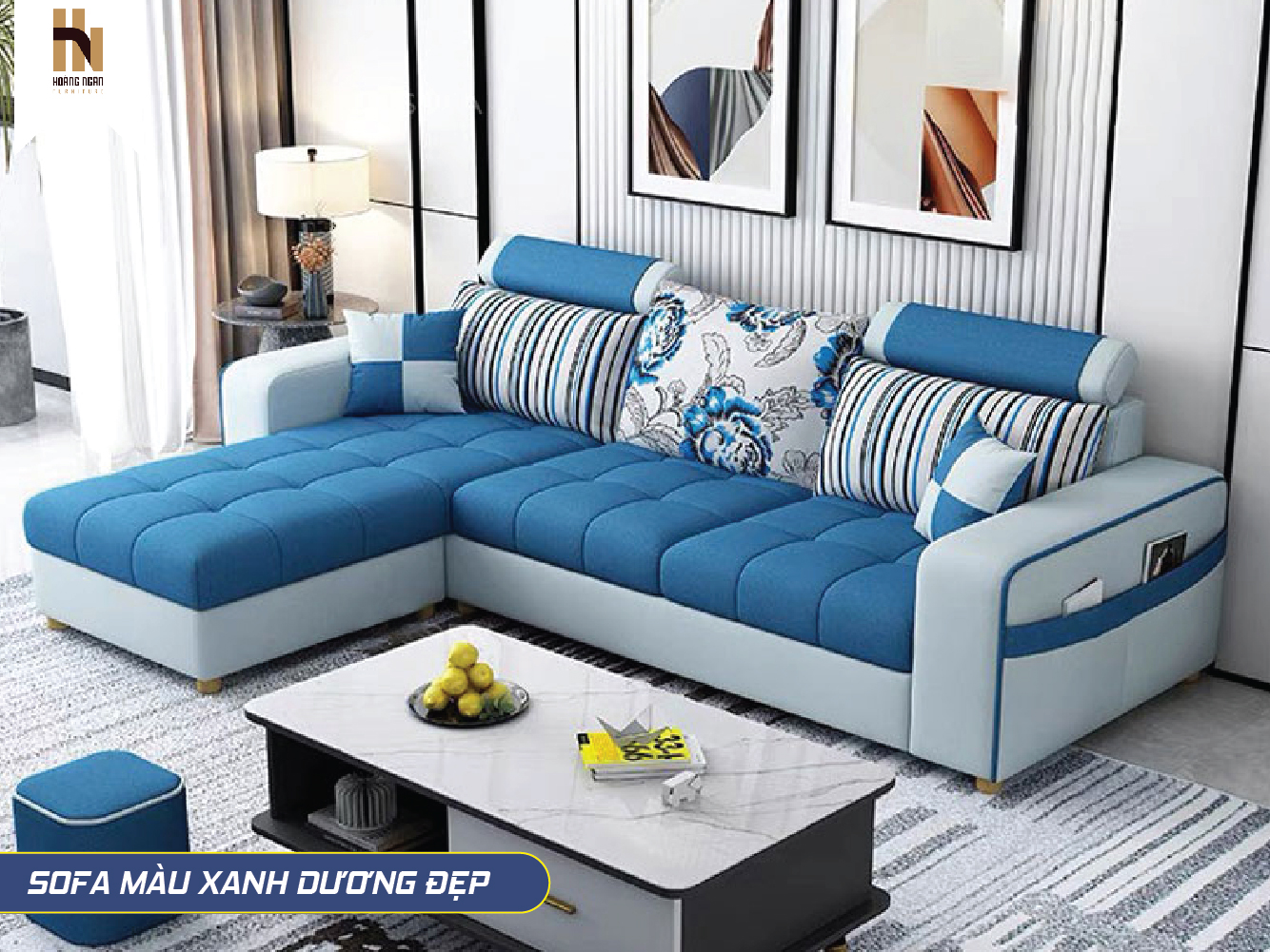 Sofa góc màu xanh dương