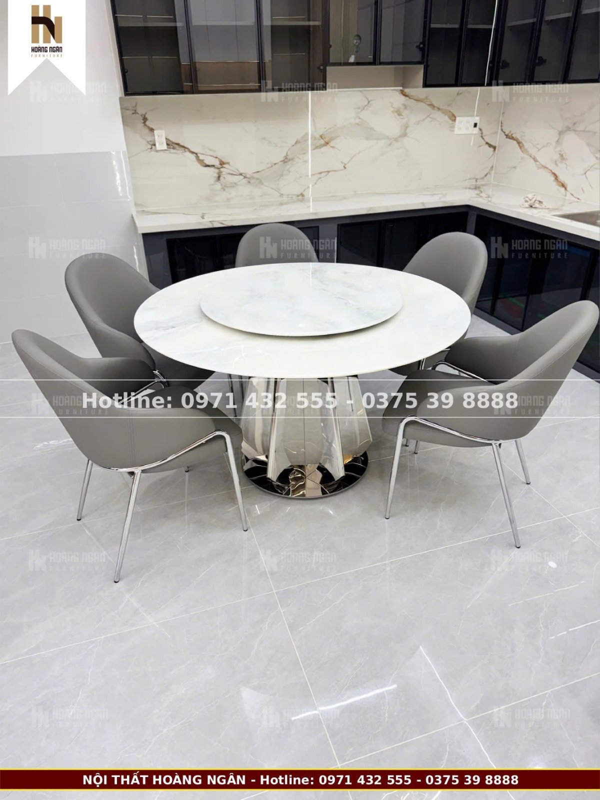 Bộ bàn ăn tròn mặt đá 6 ghế HN11