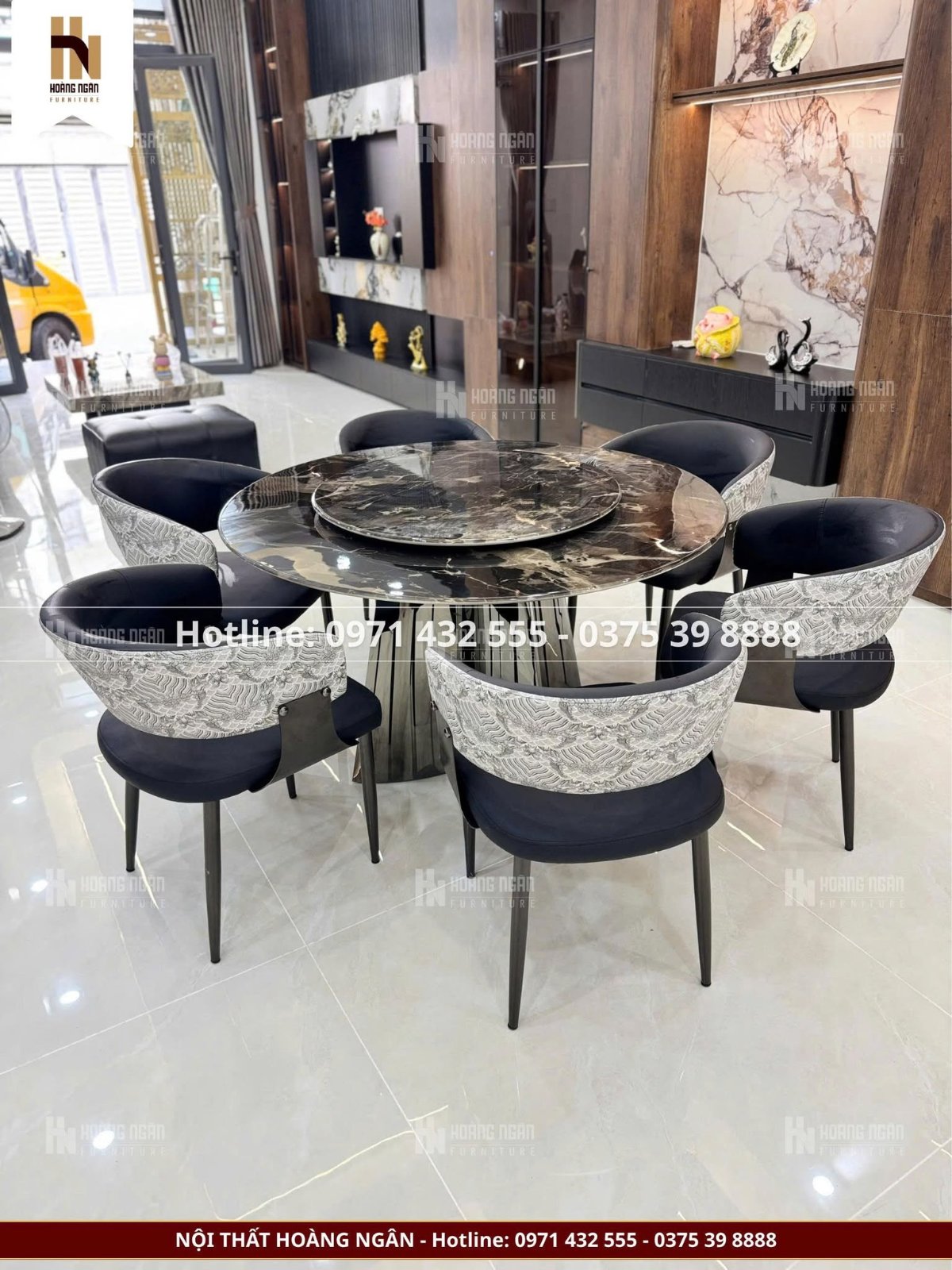 Bộ bàn ăn tròn mặt đá đen 6 ghế HN10